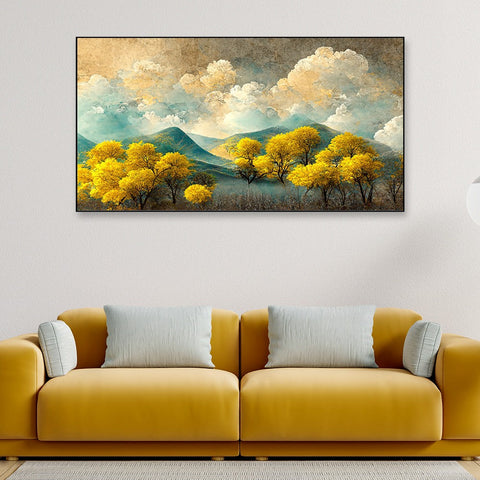 Brown Trees With Golden Flowers and Turquoise Black and Gray Mountains Canvas Wall Painting