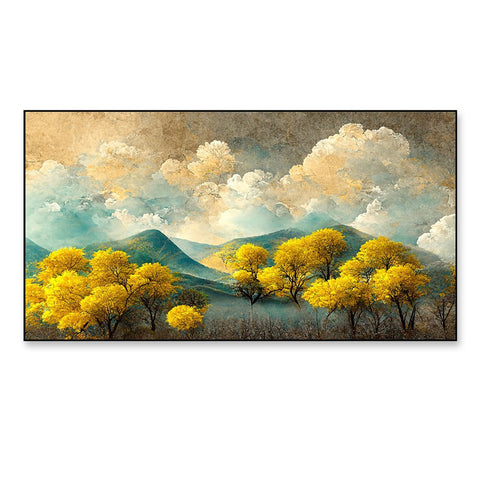 Brown Trees With Golden Flowers and Turquoise Black and Gray Mountains Canvas Wall Painting