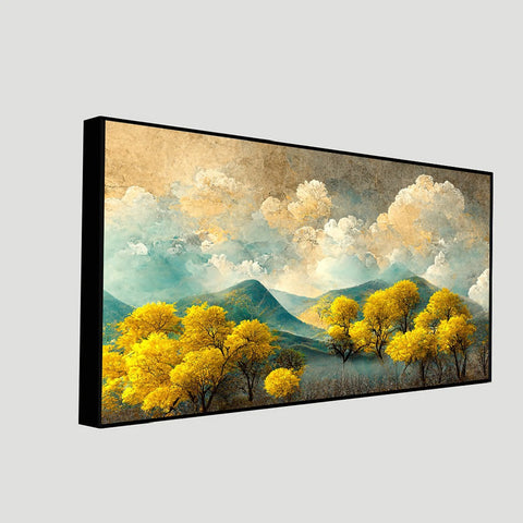 Brown Trees With Golden Flowers and Turquoise Black and Gray Mountains Canvas Wall Painting