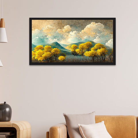 Brown Trees With Golden Flowers and Turquoise Black and Gray Mountains Canvas Wall Painting