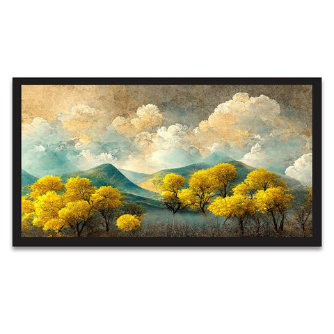 Brown Trees With Golden Flowers and Turquoise Black and Gray Mountains Canvas Wall Painting