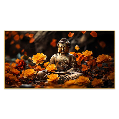 Meditating Buddha With Yellow Flower Peace and Harmony Vastu Canvas Painting With Floating Frame