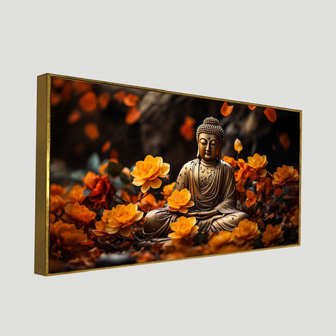 Meditating Buddha With Yellow Flower Peace and Harmony Vastu Canvas Painting With Floating Frame