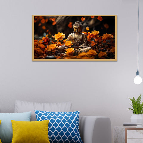 Meditating Buddha With Yellow Flower Peace and Harmony Vastu Canvas Painting With Floating Frame