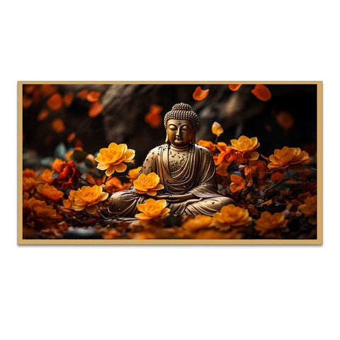 Meditating Buddha With Yellow Flower Peace and Harmony Vastu Canvas Painting With Floating Frame