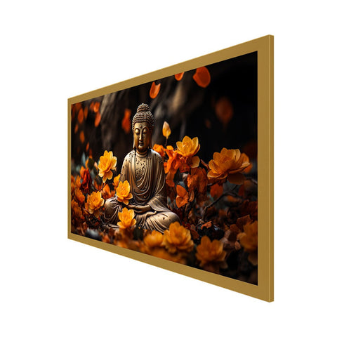 Meditating Buddha With Yellow Flower Peace and Harmony Vastu Canvas Painting With Floating Frame