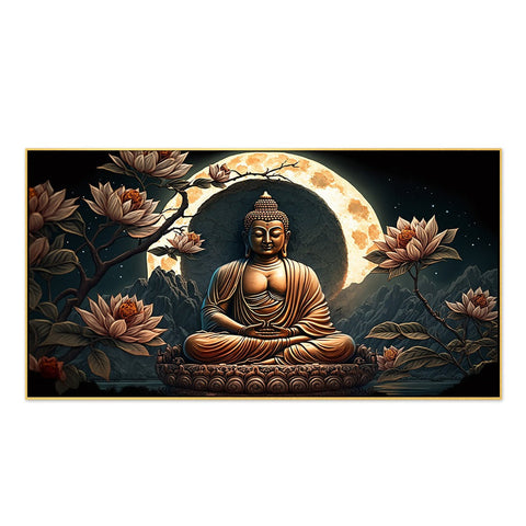 Meditating Buddha with Pink Lotus Flower Floating Frame Canvas Wall Painting