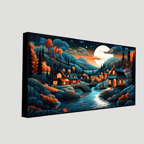 Abstract Illustration of a Painting of A Village in Forest with a River Canvas Wall Painting