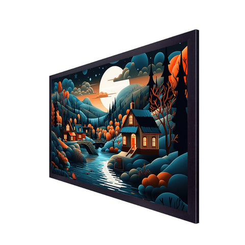 Abstract Illustration of a Painting of A Village in Forest with a River Canvas Wall Painting