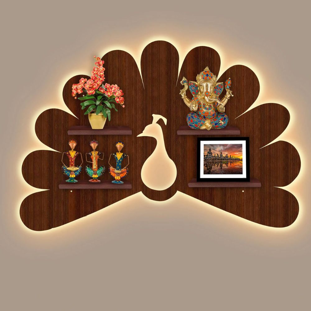 Beautiful Peacock Creative Shape Wooden LED Light Wall Shelf with Walnut Finish