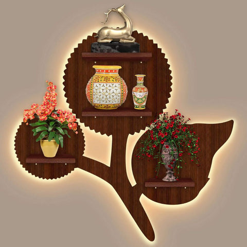 Designer Flower Creative Shape Wooden LED Light Wall Shelf with Walnut Finish