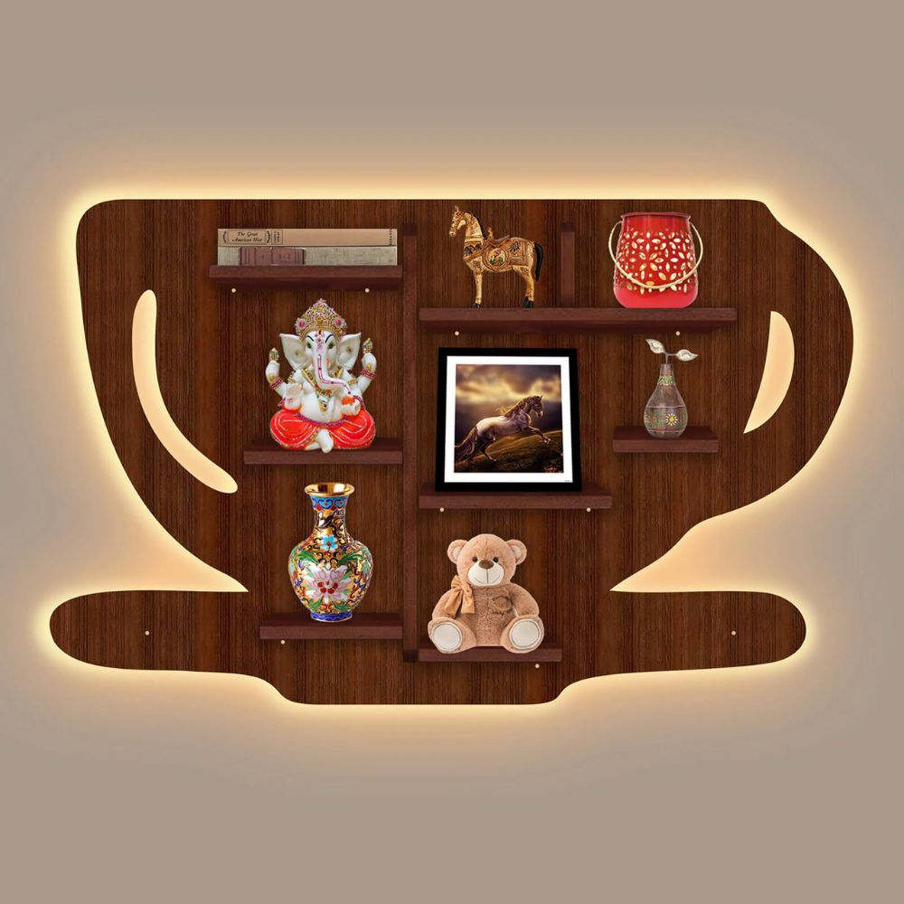 Coffee Cup Shape Creative Wooden LED Light Wall Shelf with Walnut Finish