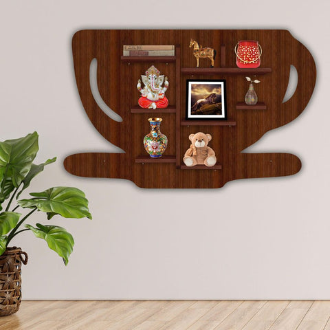 Coffee Cup Shape Creative Wooden LED Light Wall Shelf with Walnut Finish