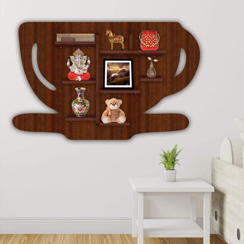 Coffee Cup Shape Creative Wooden LED Light Wall Shelf with Walnut Finish