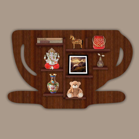 Coffee Cup Shape Creative Wooden LED Light Wall Shelf with Walnut Finish