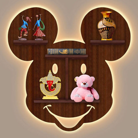 Mickey Mouse Face Creative Shape Wooden LED Light Wall Shelf with Walnut Finish