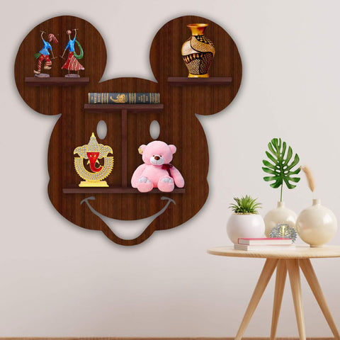 Mickey Mouse Face Creative Shape Wooden LED Light Wall Shelf with Walnut Finish