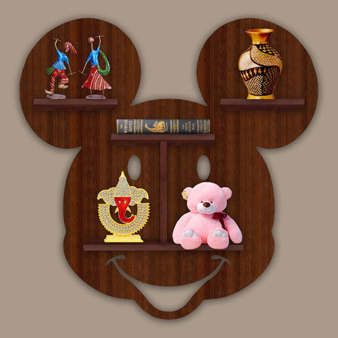 Mickey Mouse Face Creative Shape Wooden LED Light Wall Shelf with Walnut Finish