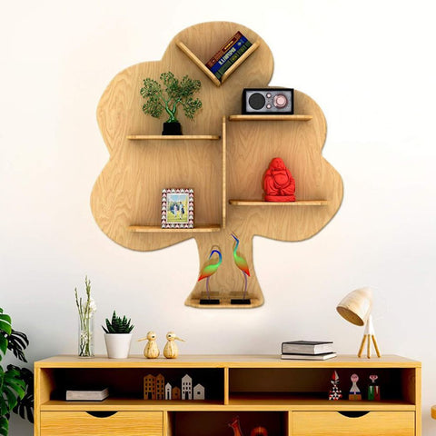 Creative Tree Backlit Designer Wooden Wall Shelf / Book Shelf / Night Light, Light Oak Finish