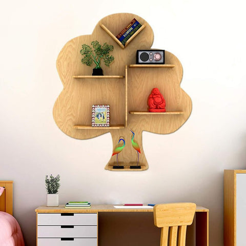 Creative Tree Backlit Designer Wooden Wall Shelf / Book Shelf / Night Light, Light Oak Finish