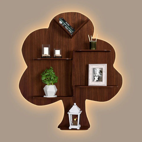 Creative Tree Backlit Designer Wooden Wall Shelf / Book Shelf / Night Light, Light Walnut Finish