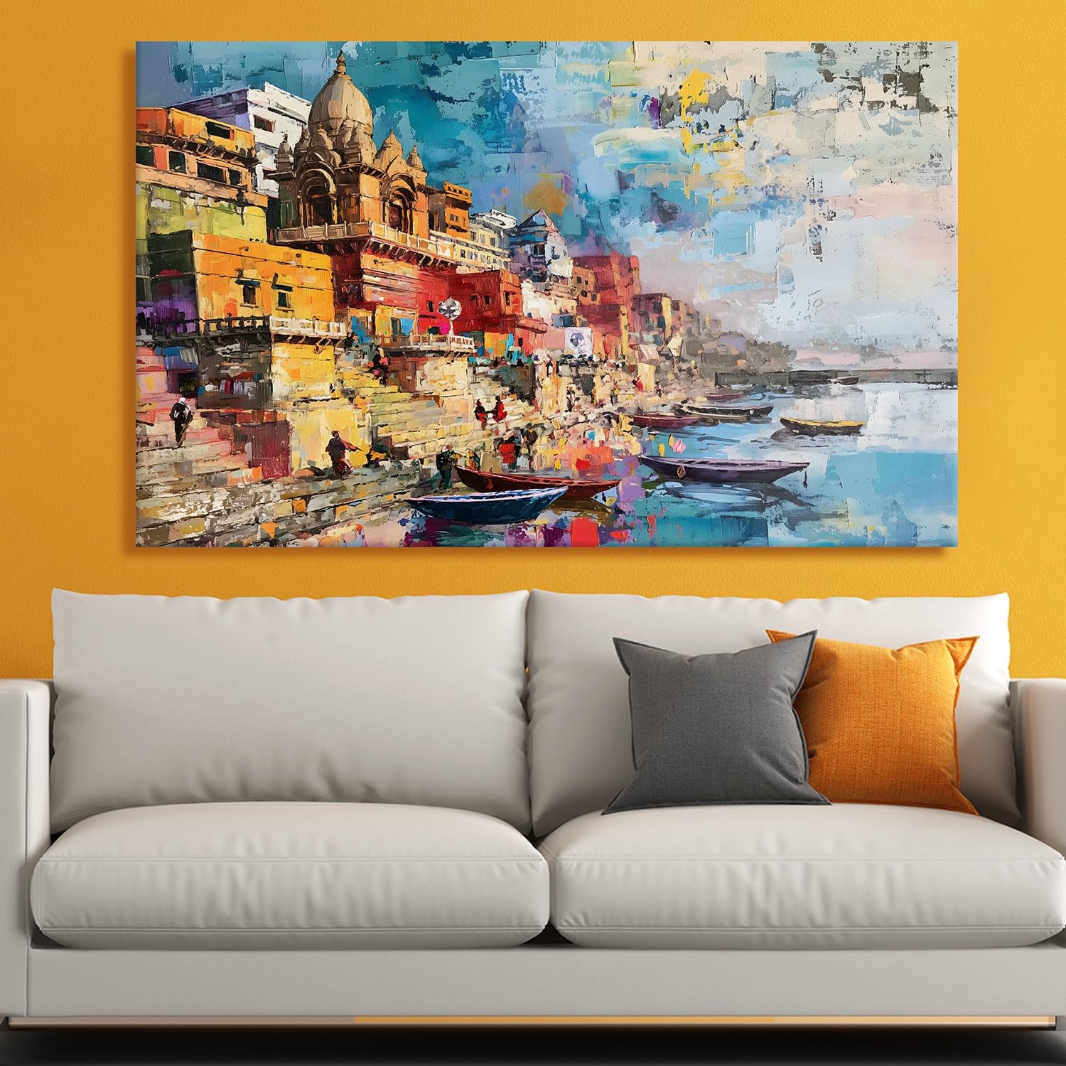 Ethnic Traditional Indian Varanasi Ganga Ghat Banaras Wall Art Canvas Painting For Home Decor