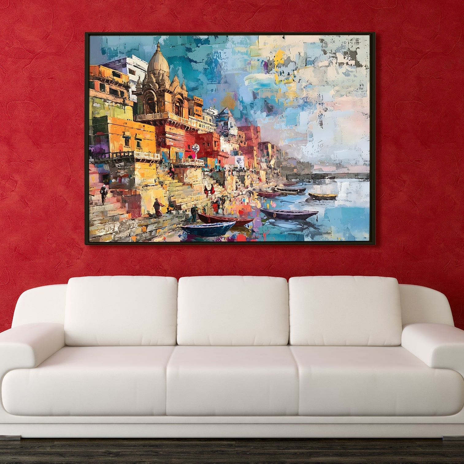 Ethnic Traditional Indian Varanasi Ganga Ghat Banaras Wall Art Canvas Painting For Home Decor