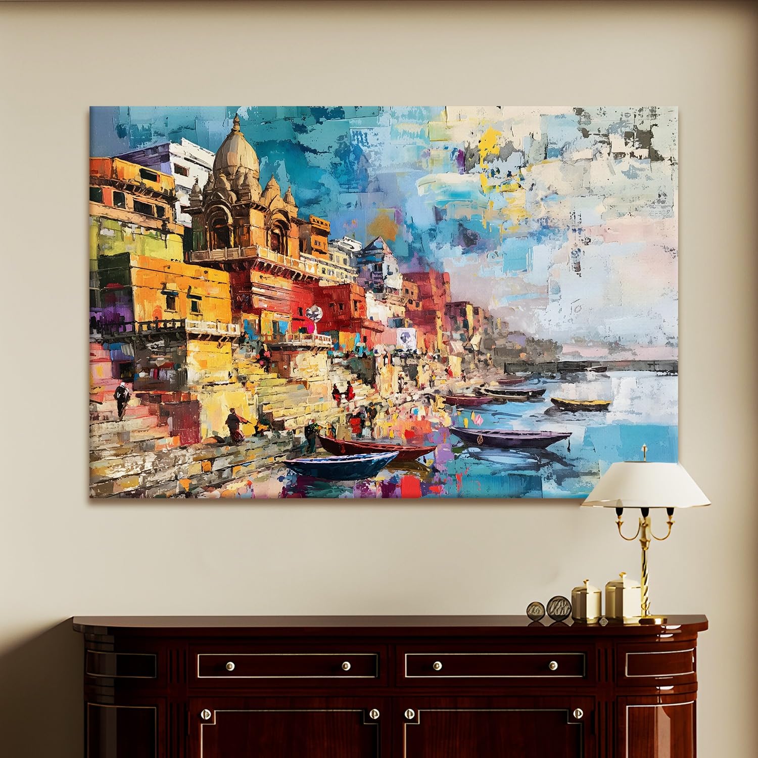 Ethnic Traditional Indian Varanasi Ganga Ghat Banaras Wall Art Canvas Painting For Home Decor