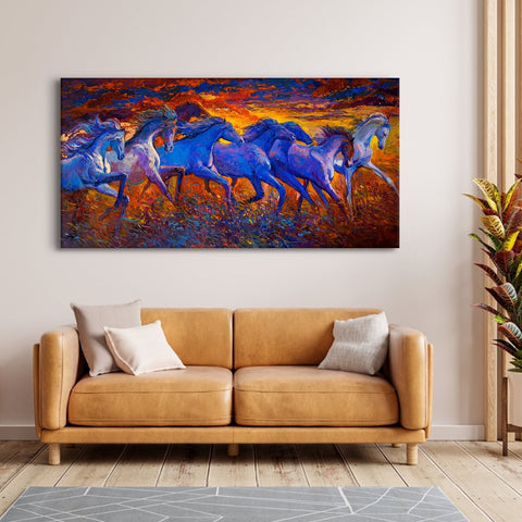 Feng Shui Seven Horse Canvas Painting Framed For Home and Office Wall Decor