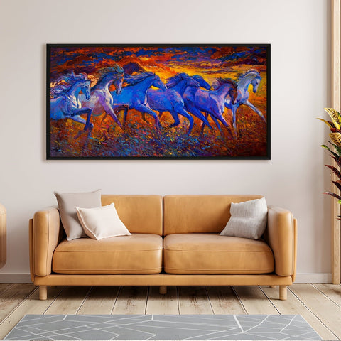 Feng Shui Seven Horse Canvas Painting Framed For Home and Office Wall Decor