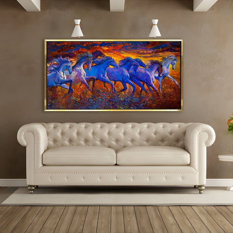 Feng Shui Seven Horse Canvas Painting Framed For Home and Office Wall Decor