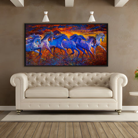 Feng Shui Seven Horse Canvas Painting Framed For Home and Office Wall Decor