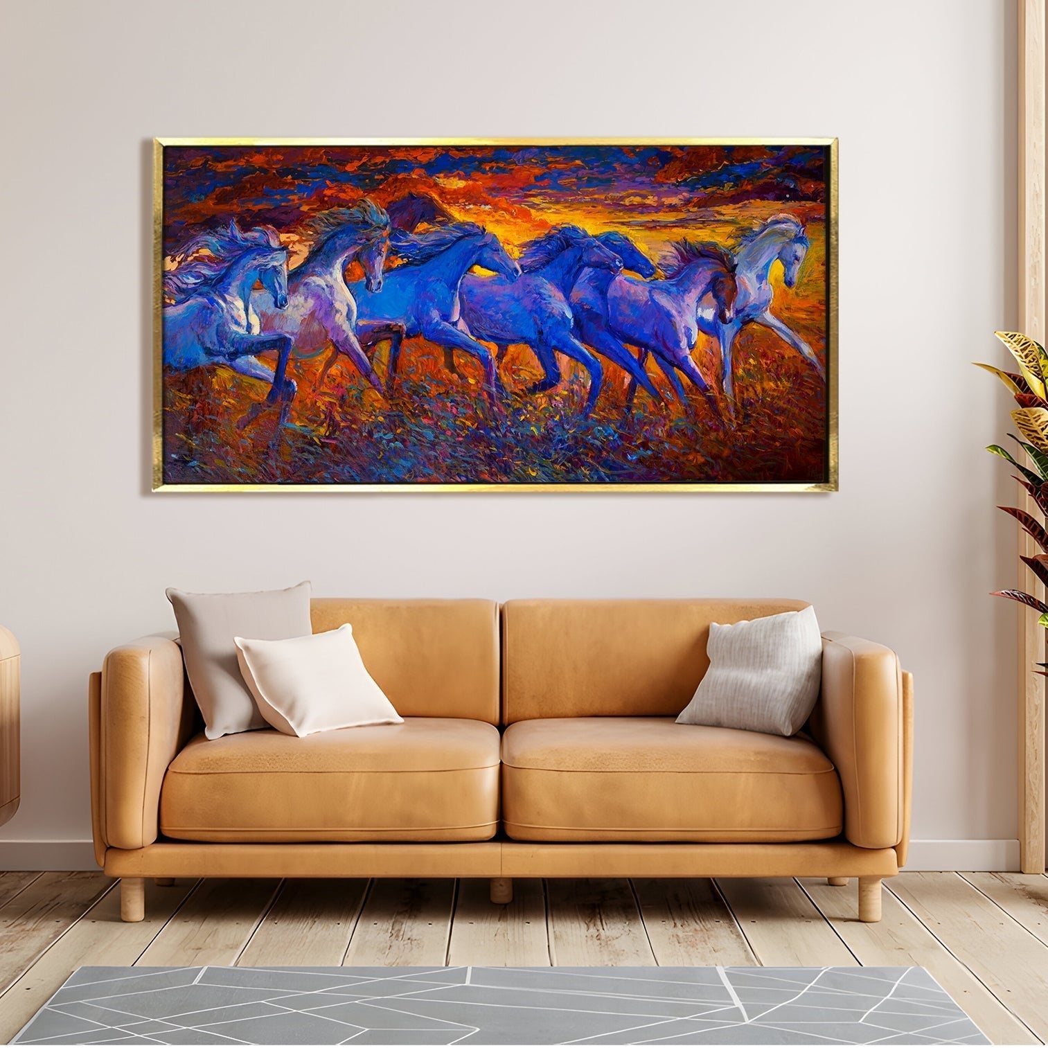 Feng Shui Seven Horse Canvas Painting Framed For Home and Office Wall Decor