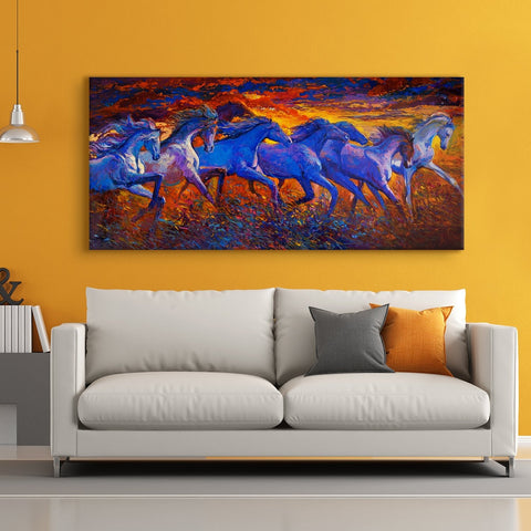 Feng Shui Seven Horse Canvas Painting Framed For Home and Office Wall Decor