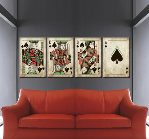 Gaming room, Poker Cards Set Large Canvas Painting, Framed. Set of 4 Spades cards.