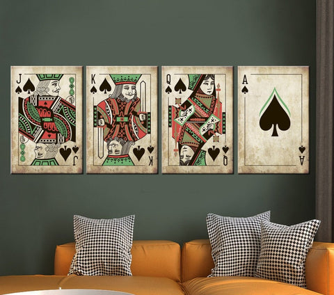 Gaming room, Poker Cards Set Large Canvas Painting, Framed. Set of 4 Spades cards.