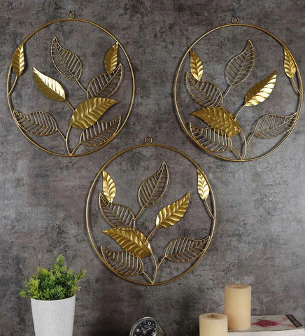 Gold Iron Mango Leaves Floral Metal Wall Art, Set of 3