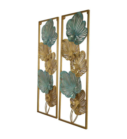 Green and Gold Iron Etching Leaves Rectangular Shape Floral Metal Wall Art, Set of 2