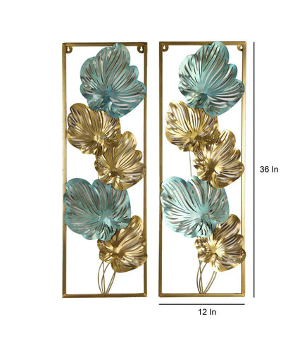 Green and Gold Iron Etching Leaves Rectangular Shape Floral Metal Wall Art, Set of 2