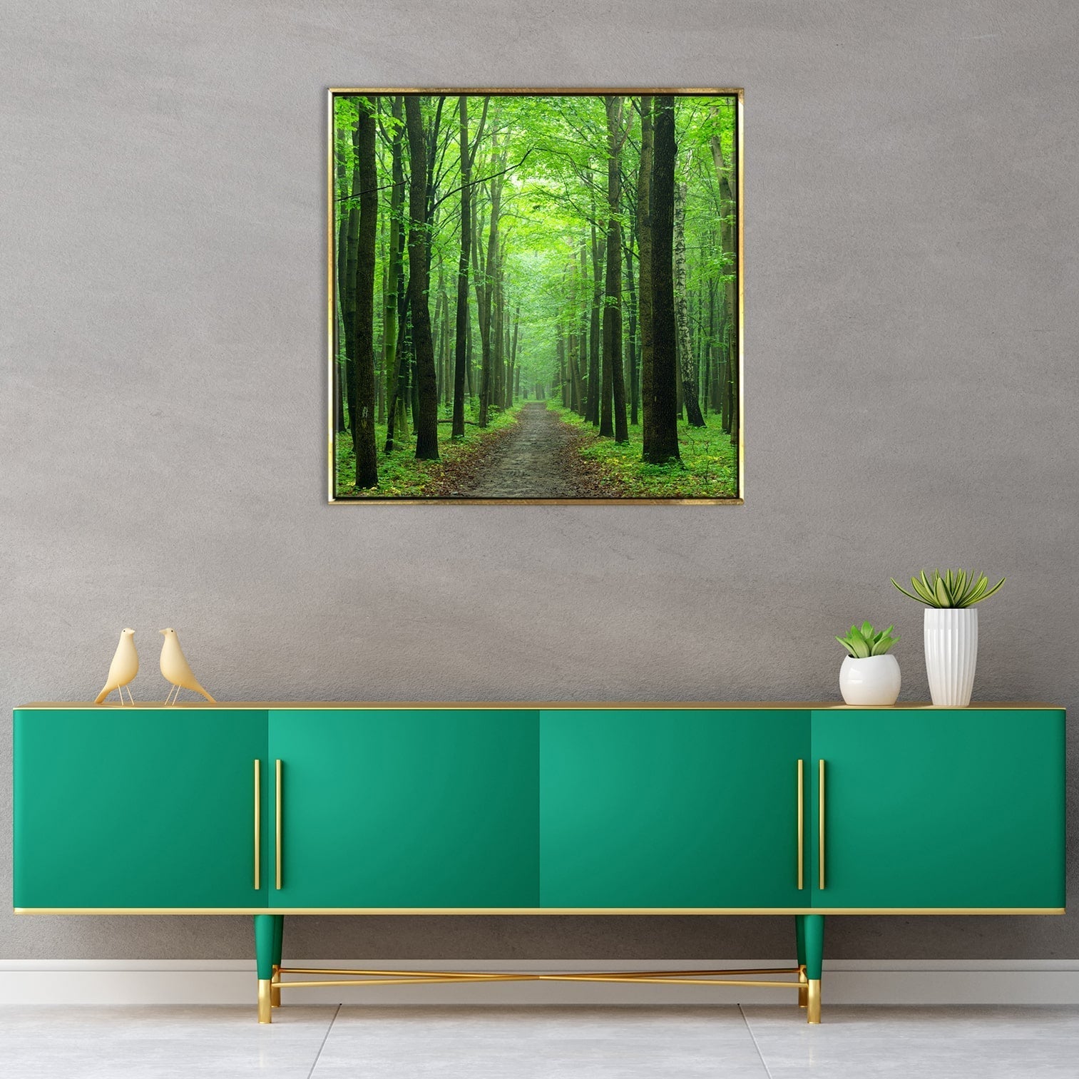 Green Forest With Endless Path Vastu Painting Canvas Framed 24x24 Inch