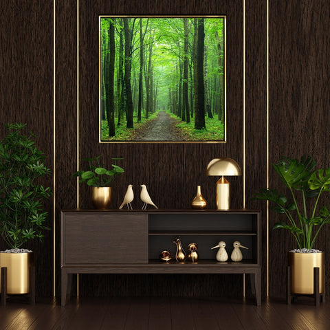 Green Forest With Endless Path Vastu Painting Canvas Framed 24x24 Inch