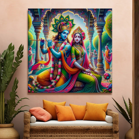 Krishna and Radha Wall Art Canvas Paintings Framed on Wood