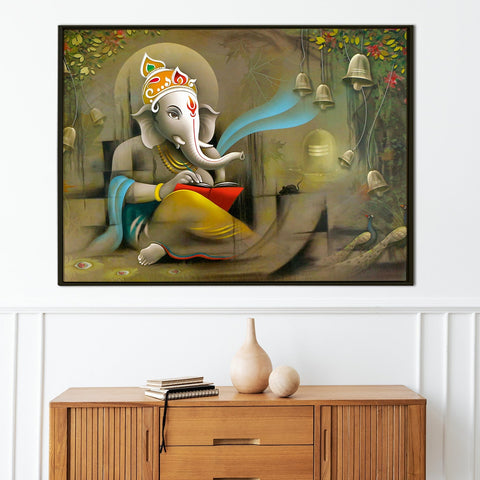 Large sized framed Lord Ganesha canavs painting for home and office. (GNWA01)