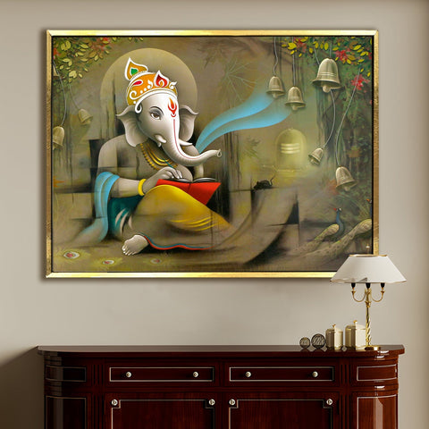 Large sized framed Lord Ganesha canavs painting for home and office. (GNWA01)