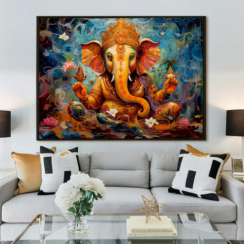 Large sized framed Lord Ganesha canavs painting for home and office. (GNWA02)