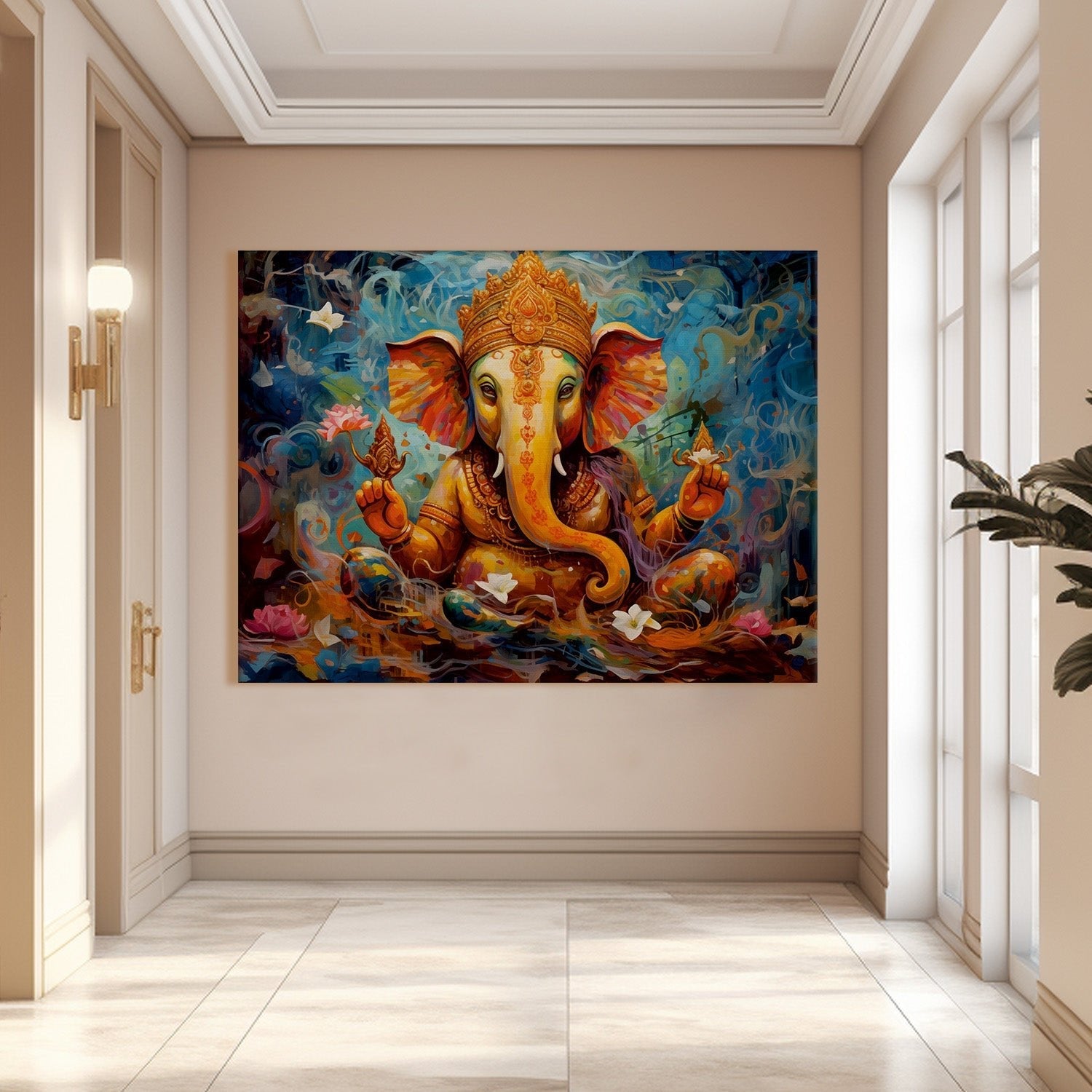 Large sized framed Lord Ganesha canavs painting for home and office. (GNWA02)