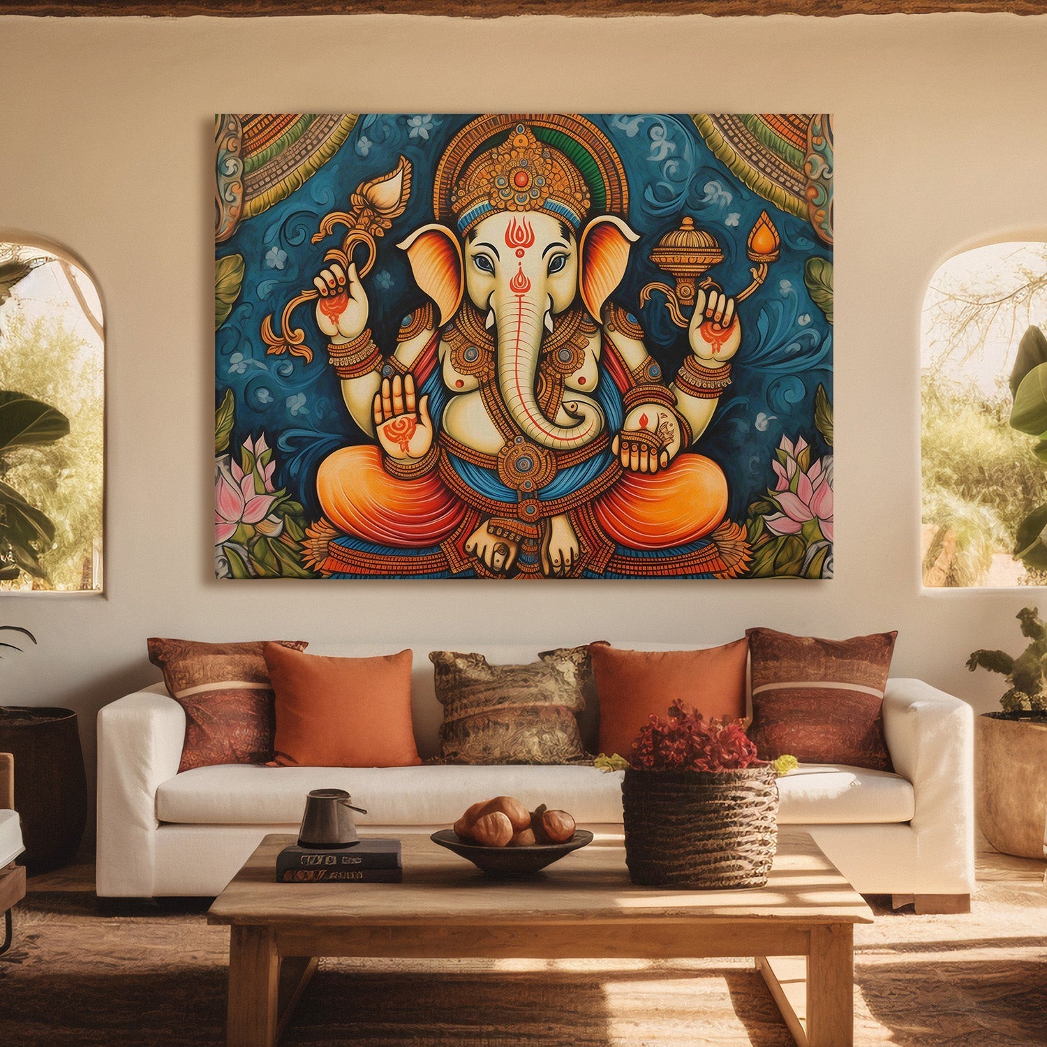 Large sized framed Lord Ganesha canvas painting for home and office. (GNWA03)