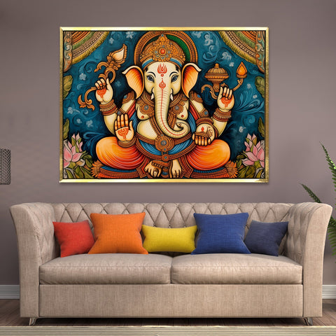 Large sized framed Lord Ganesha canvas painting for home and office. (GNWA03)