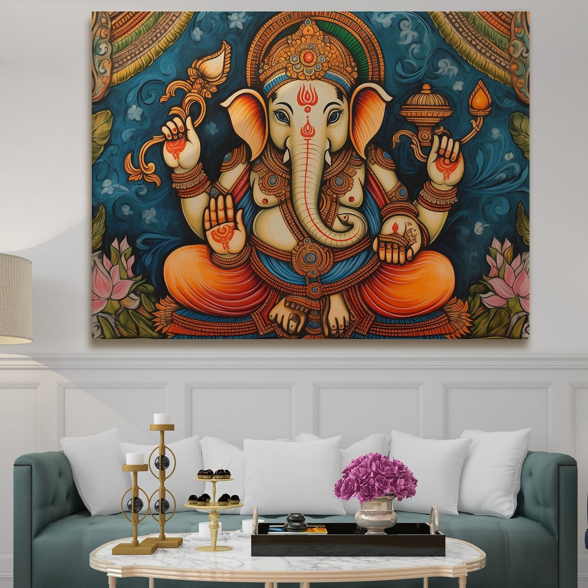 Large sized framed Lord Ganesha canvas painting for home and office. (GNWA03)