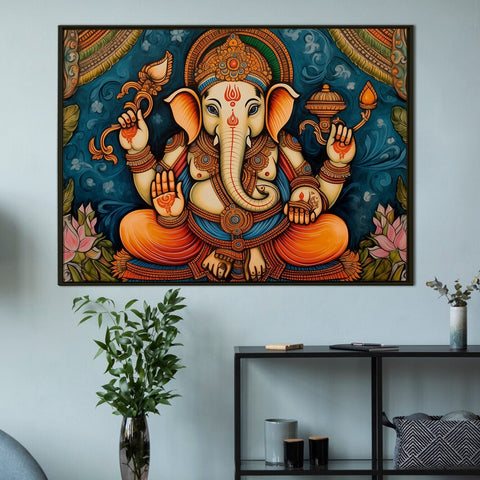 Large sized framed Lord Ganesha canvas painting for home and office. (GNWA03)